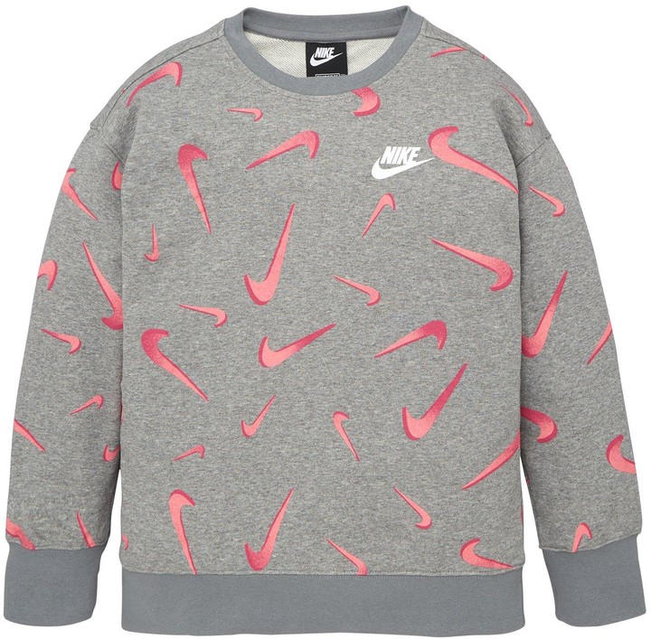 Nike Girls Nsw French Terry All Over Print Boyfriend Crew Neck Sweat Top  Grey - ShopStyle