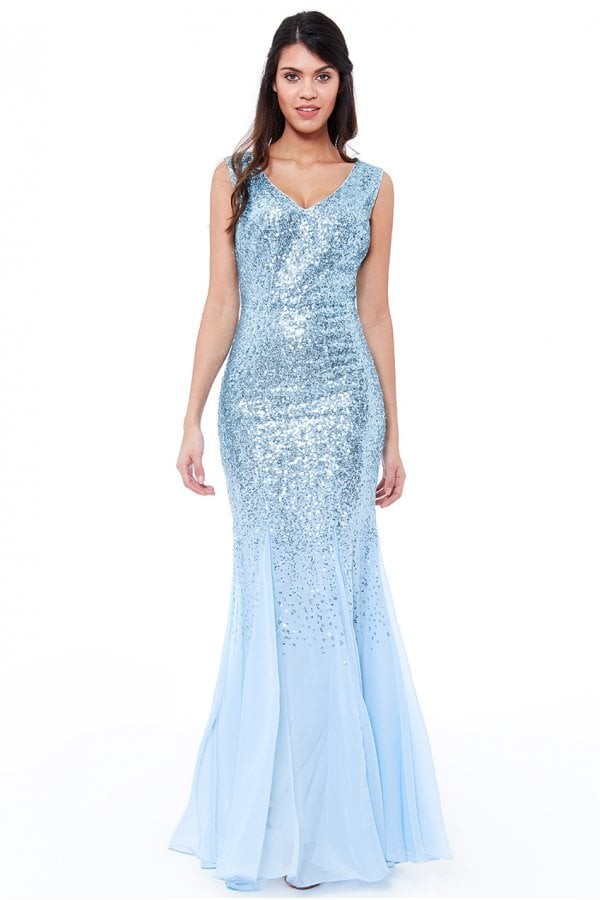 powder blue chiffon embellished high neck keyhole dress