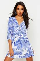 Thumbnail for your product : boohoo Large Paisley Tie Front Skater Dress