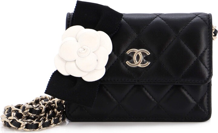 CHANEL Velvet Quilted Camellia Velvet Flap Coin Purse With Chain Black  1257782
