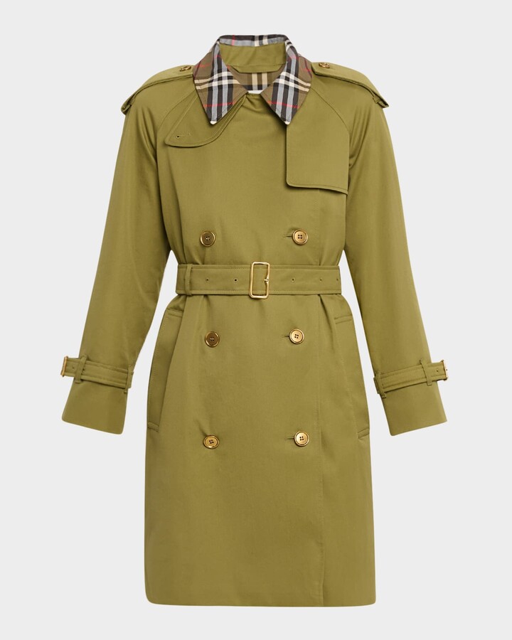 Burberry Castleford Check-Collar Belted Double-Breasted Trench Coat