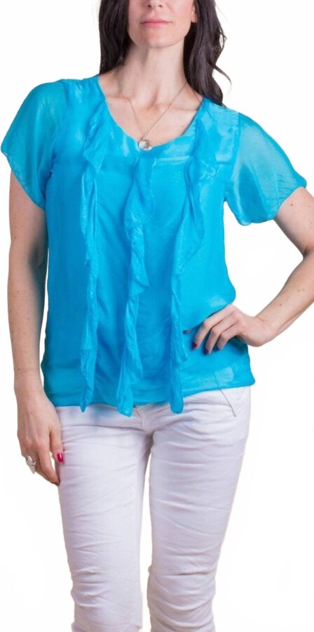 GIGI MODA Nizza Short Sleeve Silk Top In Turquoise