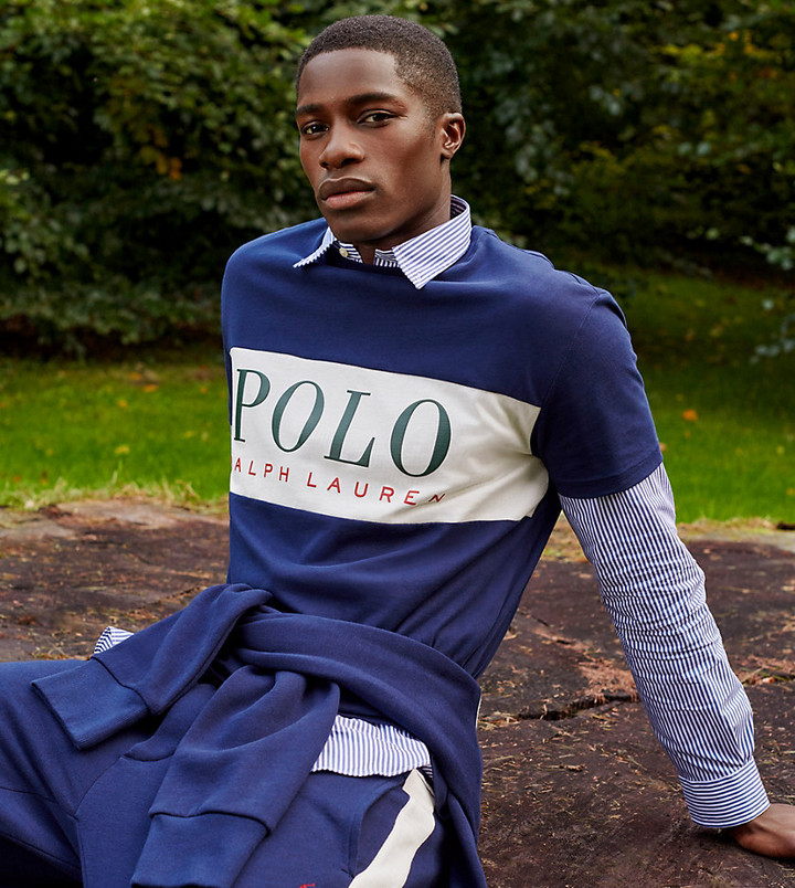 polo ralph lauren tapered jogger in navy with white side stripe