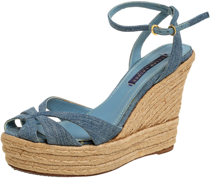 Ralph Lauren Collection Ralph Lauren Blue Denim Platform Ankle Strap Espadrille  Wedge Sandals Size 37.5 - ShopStyle