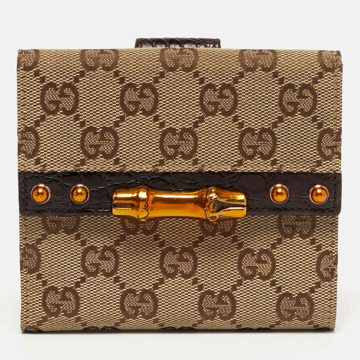 Gucci Bamboo Bar Beige/Brown GG Canvas and Croc Embossed Leather French Wallet