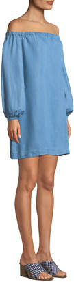 7 For All Mankind Off-the-Shoulder Blouson-Sleeve Chambray Short Dress