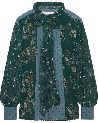 See by Chloe Pussy-bow Printed Georgette Blouse - Forest green
