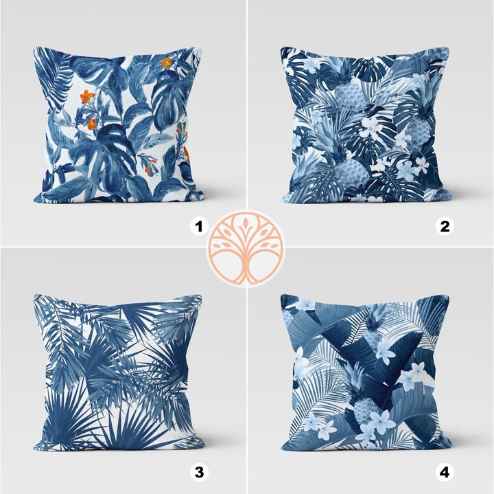 Etsy Blue Leaves Pillow Cover|Floral Cushion Case|Blue White Tropical Pillowtop|Decorative Plant Printed Outdoor Case|Boho Bedding