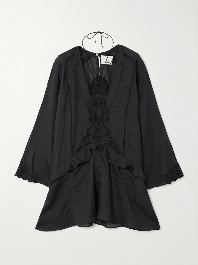 Isabel Marant Liya Lace-trimmed Embroidered Ramie Mini Dress - Black