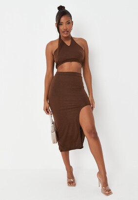 Missguided Tall Chocolate Rib Wrap Bandeau And Skirt Co Ord Set - ShopStyle