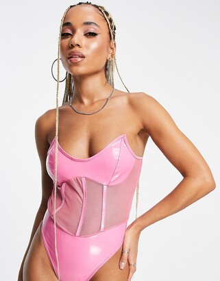 AsYou vinyl mesh corset bodysuit in pink - ShopStyle Tops