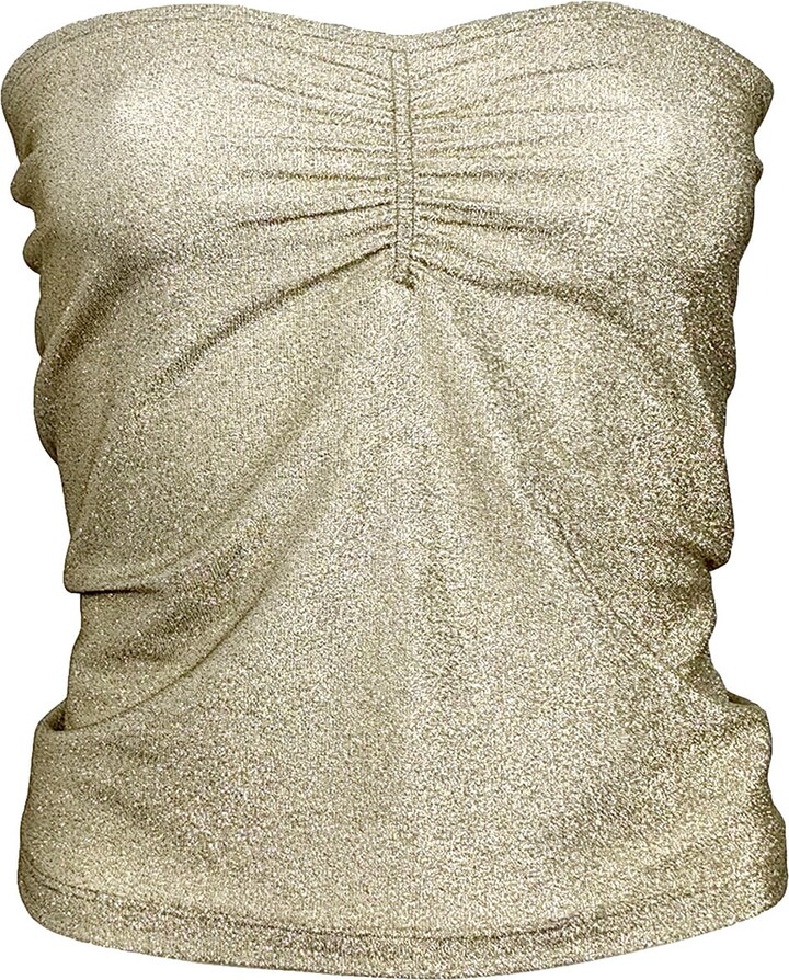 Lalipop Design Strapless Fitted Shiny Light Gold Knitted Top