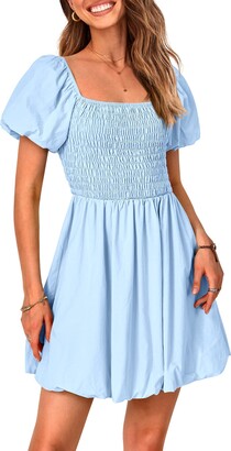 Kirundo 2023 Women's Summer Square Neck Smocked Puff Sleeve Mini Dress Off Shoulder Ruffle A-Line Puffy Short Dresses(Blue
