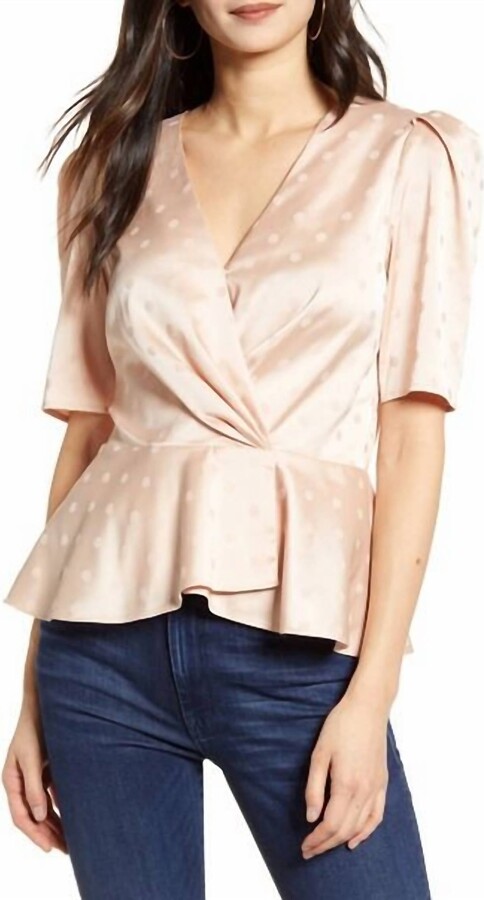 Chelsea28 Polka Dots Surplice V-Neck Short Puff Sleeve Satin Top In Pink