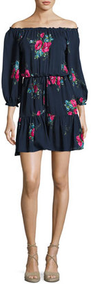 Joie Marx Floral-Print Off-the-Shoulder Silk Blouson Mini Dress, Blue