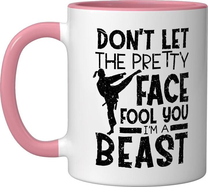Kleidung Thaiboxen Geschenk Pretty Face and a Beast - Martial Arts Kickboxing Karate Ceramic Mug, Pink/White