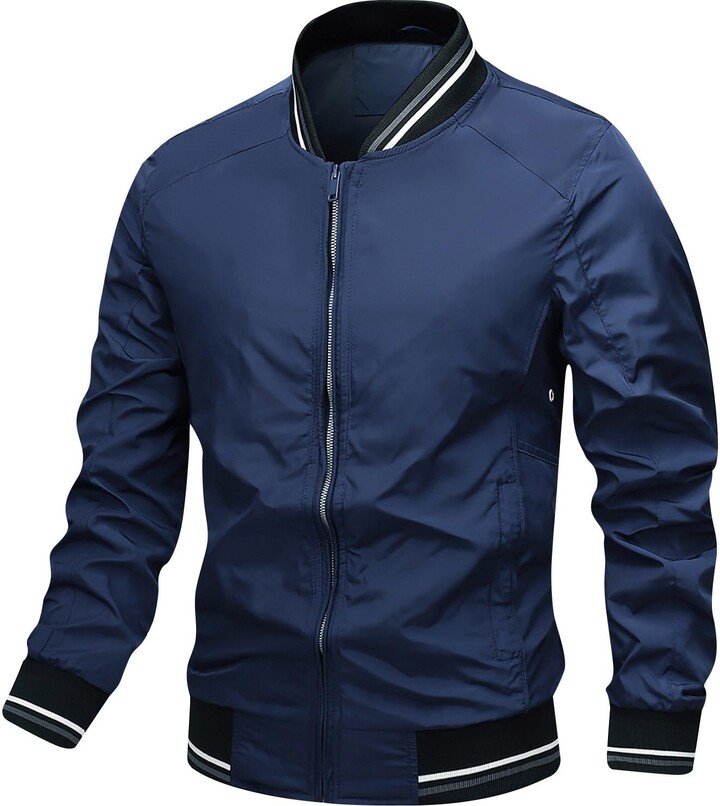 Mens Blue Leather Bomber Jacket