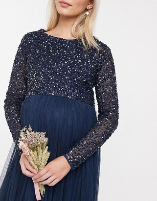 Maya Maternity Bridesmaid long sleeve maxi tulle dress with tonal delicate sequins in navy