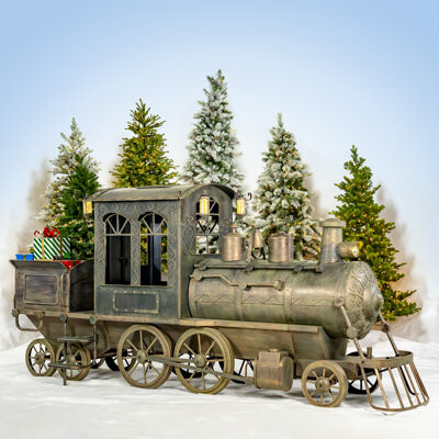Zaer Ltd International 12.5ft. Large Antique Bronze Train with Cart & Lanterns "The North Pole Express"