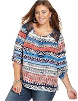 Thumbnail for your product : ING Plus Size Lace-Trim Printed Top