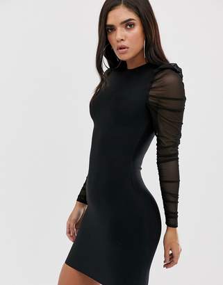 The Girlcode bandage bodycon dress with mesh puff sleeve in black