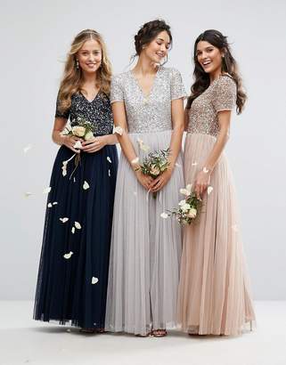Maya Bridesmaid V Neck Maxi Tulle Dress with Tonal Delicate Sequins