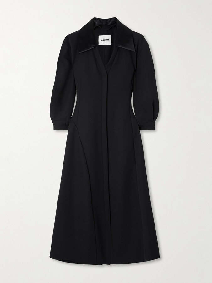 Jil Sander Asymmetric Satin-trimmed Wool-twill Midi Shirt Dress - Black