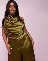 Thumbnail for your product : ASOS Luxe ASOS DESIGN Curve Luxe premium satin halter ruched low back floor length top