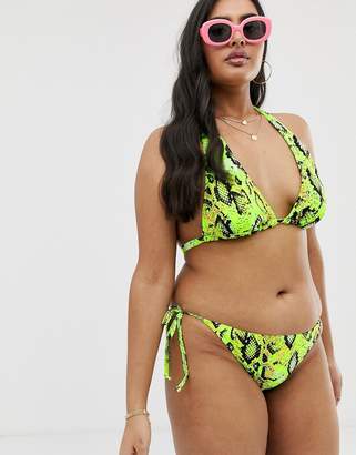 ASOS Curve DESIGN curve mix and match halter triangle bikini top in neon snake