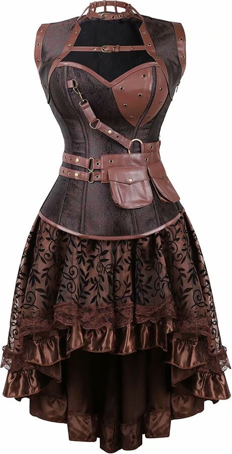 Womens Leather Steampunk Victorian Gothic Corset Dress Coat Costume Gothic  