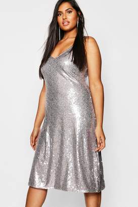 boohoo NEW Womens Plus Sequin Plunge Midi Slip Dress in Polyester