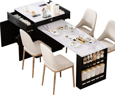 Extendable Kitchen Island Dining Table For 2-6, Double Storage, 2 Ac Outlets, 1 , Type-C, Drawers, Storage Design, Drawers, Side Shelves, Easy Mainten