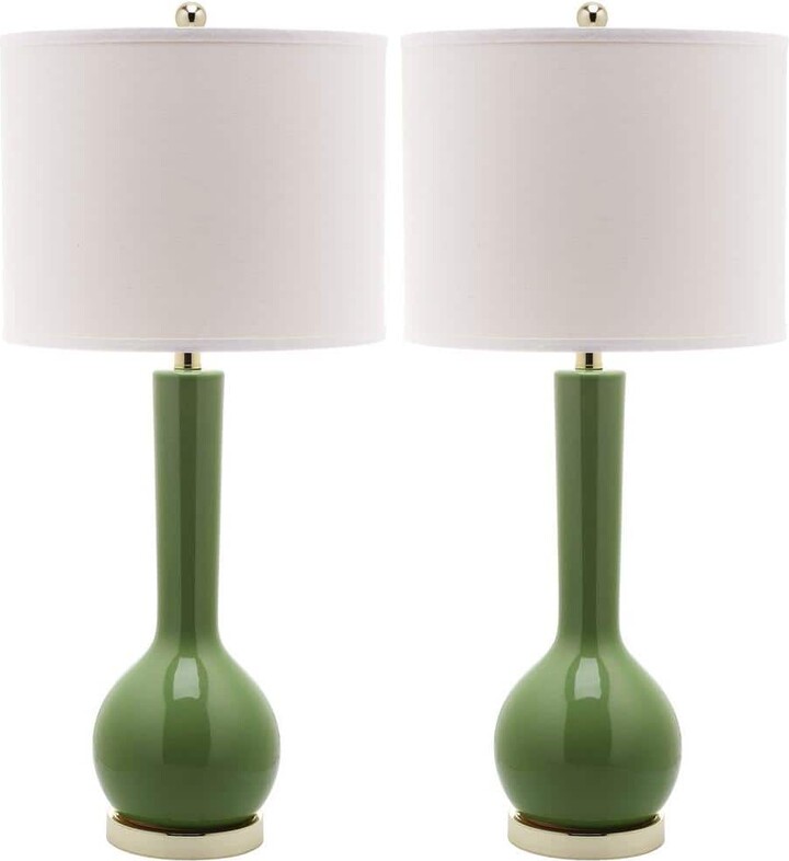 Safavieh Mae 30.5 in. Fern Green Long Neck Ceramic Table Lamp with Off-White Shade (Set of 2)
