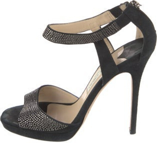 Jimmy Choo Suede Sandals Black Crystal Embellishments Platform Zip Closures at Shafts Includes Dust Bag