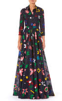 Thumbnail for your product : 3/4-Sleeve Button-Front Floral-Embroidered Full Evening Gown