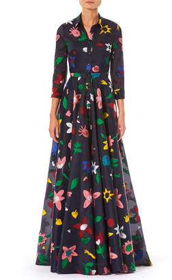 3/4-Sleeve Button-Front Floral-Embroidered Full Evening Gown