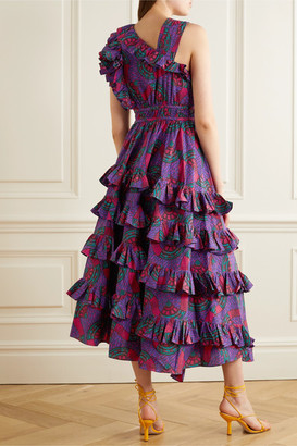 Ulla Johnson Imogen Asymmetric Ruffled Printed Cotton-poplin Midi Dress - Purple