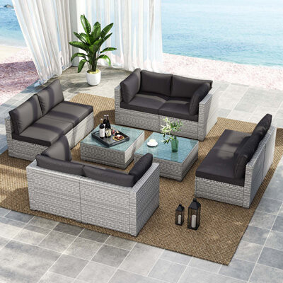 Latitude Run 10 PCS Outdoor Patio Sectional Sofa Couch PE Rattan Conversation Set