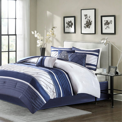 Tingkunke Luxurious 7 Piece Comforter Set In Navy Hypoallergenic And Machine Washable For Year-Round Comfort And Elegance