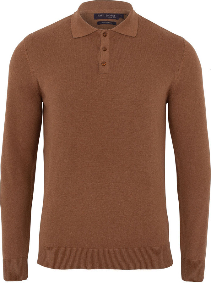 Paul James Knitwear Brown Mens Cotton Hall Long Sleeve Knitted Polo Shirt - Camel