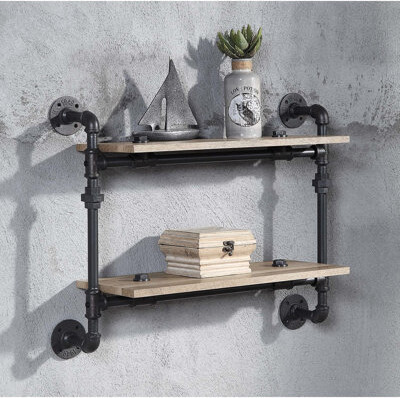 SnugglySolace 2 Tier Wall Shelf Metal Tube Oak Sandy Black Water Pipe Design Gap Home Storage Display Shelving Frame Style Space Office Decor