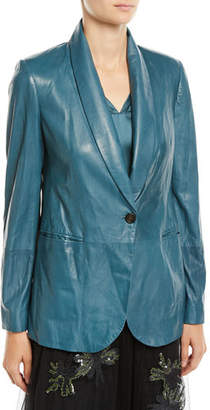 Brunello Cucinelli Shawl-Collar One-Button Leather Blazer w/ Monili Trim