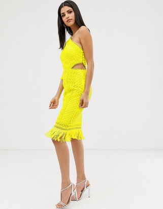 ASOS Tall ASOS DESIGN Tall one shoulder midi dress in cutwork lace with fringe hem
