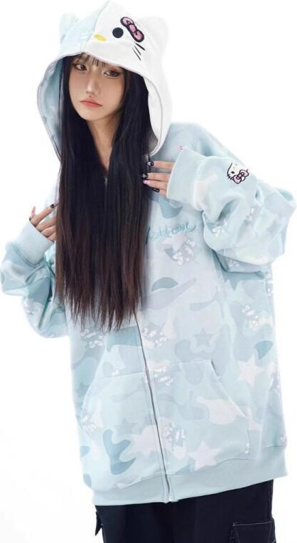 SANRIO Kitty Hoodie Women Cotton Vintage Camouflage Loose Lazy Oversize Sweatshirt Casual Streetwear Cozy Fleece Cartoon Jacket Tops