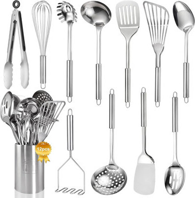 Xiangong 12-Piece Stainless Steel Kitchen Utensils Set With Holder - Professional Grade Cooking Tools Including Turner Spatula Spoons Tongs Whisk And Potat