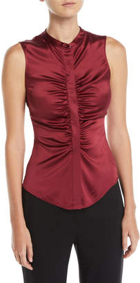 Theory Ruched Satin Fitted Button-Front Sleeveless Top