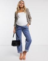 Thumbnail for your product : ASOS DESIGN Maternity tapered boyfriend jeans with d-ring waist detail with curved seams in blue with over the bump bump