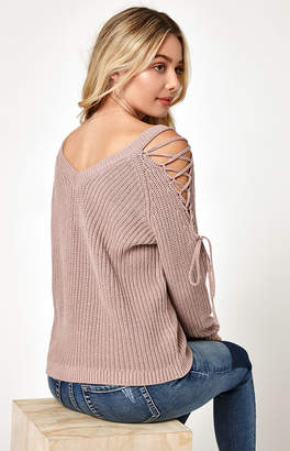 La Hearts Lace-Up Cold Shoulder Sweater