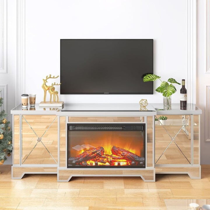Mixoy Mirrored Fireplace TV Stand,LED Living Room Console Entertainment