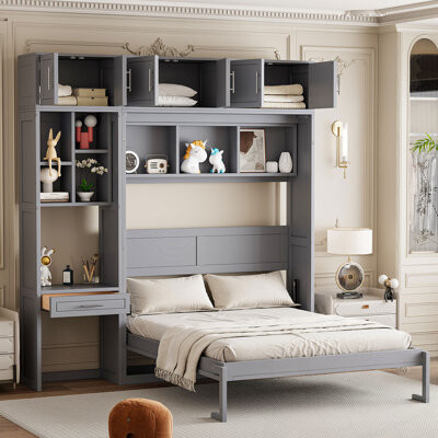 Queen Size Wall Murphy Bed with Desk, Top Cabinet and Storage Shelves